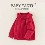 女童毛衣冬季宝宝红色毛线衣小童娃娃领上衣秋冬儿童套头衫冬