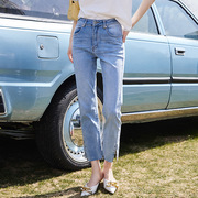 Lucidy/鲁思蒂牛仔裤2023年女夏季薄款休闲显瘦浅蓝色九分裤