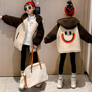 韩国女童冬装中大童夹棉加厚笑脸毛毛衣(毛毛衣，)女孩休闲网红时髦炸街外套