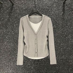 灰色V领假两件针织开衫女秋季穿搭重工钉珠设计感小众高级感