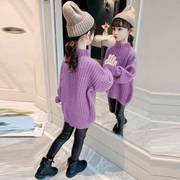女童紫色毛衣中大童女孩，中长款半高领打底衫，儿童保暖加厚毛衫洋气