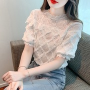 高级感气质2023夏季韩版圆领泡泡袖袖短袖设计感蕾丝衫女上衣