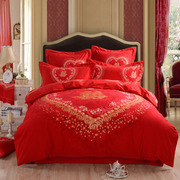新3D全棉磨毛婚庆四件套1.8m双人床上用品结婚被套大红色床单纯棉