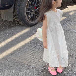 女童夏装连衣裙2024儿童，蕾丝白色夏季裙子大童洋气，无袖公主裙