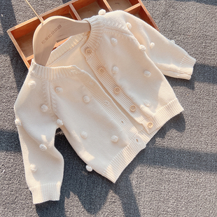 ins韩版婴儿外套手工毛球针织，开衫女宝宝，毛衣纯棉棉纱线洋气外搭