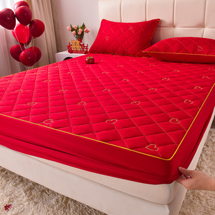 结婚夹棉床笠三件套防滑床垫保护套，新婚庆(新婚庆)床品大红色床单床罩