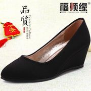 老北京布鞋女高跟坡跟时尚款黑色工作鞋透气软底防滑静音一体跟单