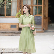 纻衣绿色衬衫领短袖连衣裙2024夏季小众设计感刺绣文艺长裙子