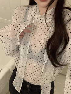 韩国chic春季气质立领，系带波点衬衫女宽松微透薄款雪纺衫上衣