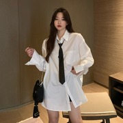 春季女士长款衬衫裙，韩版小众设计领带宽松百搭长袖白色衬衣女