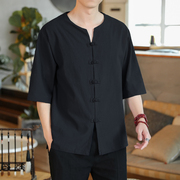 棉麻五分袖衬衫男夏季中国风潮，牌休闲宽松盘扣，中式短袖唐装衬衣潮