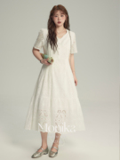 摩妮卡大码女装小白裙子2024夏装，胖mm显瘦白色，蕾丝短袖连衣裙