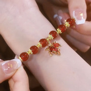 红色水晶枫叶珠珠手链，2022年潮气质秋冬网红中国风，手串饰品女
