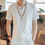 中国风亚麻t恤男短袖夏季纯色棉麻半袖V领打底衫中式男装百搭上衣