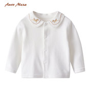 AuroMesa春秋婴儿白色长袖衬衫刺绣翻领女宝纯棉打底上衣百搭衬衣