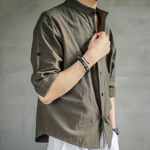 七分袖衬衫男夏季韩版潮流立领，帅气亚麻短袖衬衣中袖棉麻寸衫男士