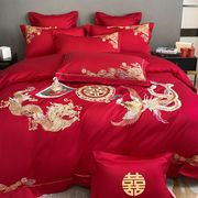 结婚床上用品四件套，高档龙凤刺绣雕花婚庆大红色，床单被套磨毛婚嫁
