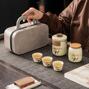 萌猫汝窑米黄旅行茶具，功夫茶杯户外泡，茶壶茶具套装定制快客杯