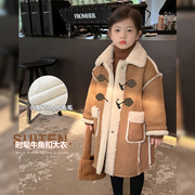 女童麂皮绒外套2023儿童秋冬装韩系加厚保暖上衣宝宝加绒大衣