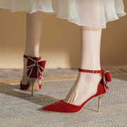 红色婚鞋2024年春季法式蝴蝶结高跟鞋一字扣带尖头，单鞋女细跟