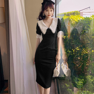 法式复古减龄娃娃领连衣裙夏气质(夏气质)蕾丝，拼接修身性感包臀小黑裙