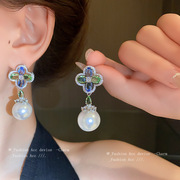 银针花朵锆石珍珠耳环时尚小清新气质耳小众高级感耳饰女