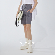 n·more设计师品牌春季银空条纹双层分割腰，五分短西裤女