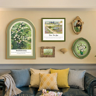 梵高花卉拱形法式组合挂画美式轻奢客厅沙发，背景墙装饰画餐厅壁画