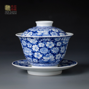 纯手工手绘青花盖碗茶杯单个中国风防烫景德镇陶瓷功夫茶具三才碗