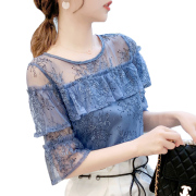 速发韩国时尚女装2024夏蓝色(夏蓝色)蕾丝，雪纺上衣ins洋气短袖超仙衬