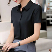 黑衬衫女夏季短袖职业装，韩版修身百搭大码工装，学生雪纺白衬衣(白衬衣)上衣