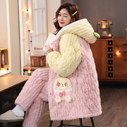 珊瑚绒夹棉袄睡衣女冬季三层，加厚加绒甜美法兰绒中长款家居服套装