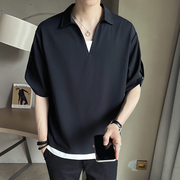 黑色冰丝短袖t恤男夏季潮牌痞帅假两件v领衬衫，男士潮流休闲polo衫