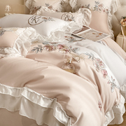 法式浪漫纯棉公主风四件套床单床笠蕾丝被套轻奢高级家纺刺绣床品