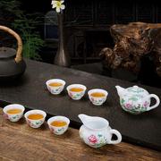 景德镇陶瓷手绘粉彩牡丹茶具，套装茶道器，8头功夫茶具整套