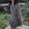 韩国chic秋季复古气质西装领系带百搭外套+高腰百褶半身裙两件套