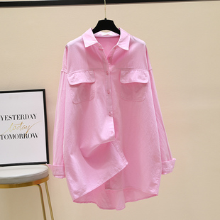 粉红色中长款衬衫女2024春秋韩版设计感宽松休闲衬衣长袖上衣