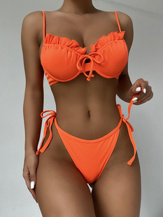夏日沙滩少女纯色分体泳衣钢托聚拢bikini荷叶边三角性感比基尼