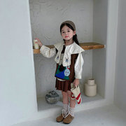 韩版女童套装卡通兔毛线背心加大领子衬衫半身裙23秋冬装三件套