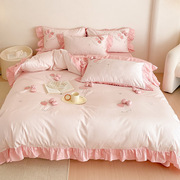 床单床上用品棉四件套少女，草莓蝴蝶结被套纯全澳小清新支