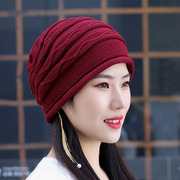 女士秋季包头帽冬天时尚褶皱毛线针织帽大码宽松版百搭卷边堆堆帽