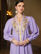 紫色长袖泡泡袖优雅长裙，气质蕾丝贴花手工，缝钻连衣裙中东长袍