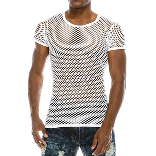 欧美夏季个性圆领镂空男t恤网眼渔网，透气洞洞衫休闲男团罩衫