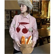 欧洲站2023冬季韩版POLO领纯色打底衬衫樱桃提花针织背心两件套女
