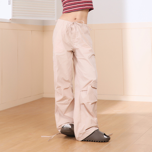kingprince美式街头风薄款纸袋，裤阔腿裤休闲裤，宽松粉色低腰长裤