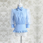 贝琳格2024春装女装天蓝色，修身显瘦蝴蝶结泡泡，袖欧根纱ol衬衫