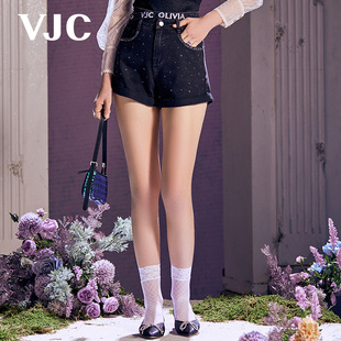 vjc威杰思春夏女装黑色，牛仔短裤字母，印花高腰直筒短裤