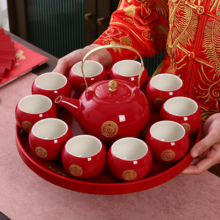 结婚庆敬茶杯中式订婚改口红色新娘陪嫁托盘茶壶功夫茶具套装礼盒