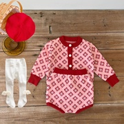 韩版婴儿衣服秋冬套装女宝宝新年衣服针织上衣短裤洋气分体两件套
