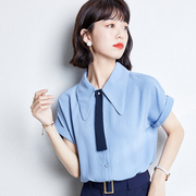 0329-蓝色雪纺衫女夏季短袖2022领带设计感小众衬衣上衣